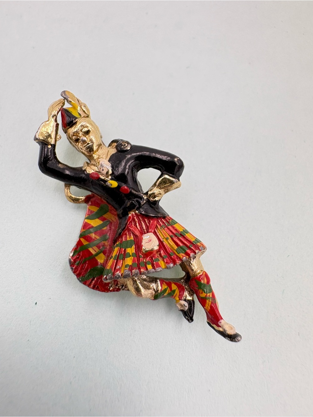 Vintage Colorful Harlequin Jester Brooch in Red, Black & Gold Accent